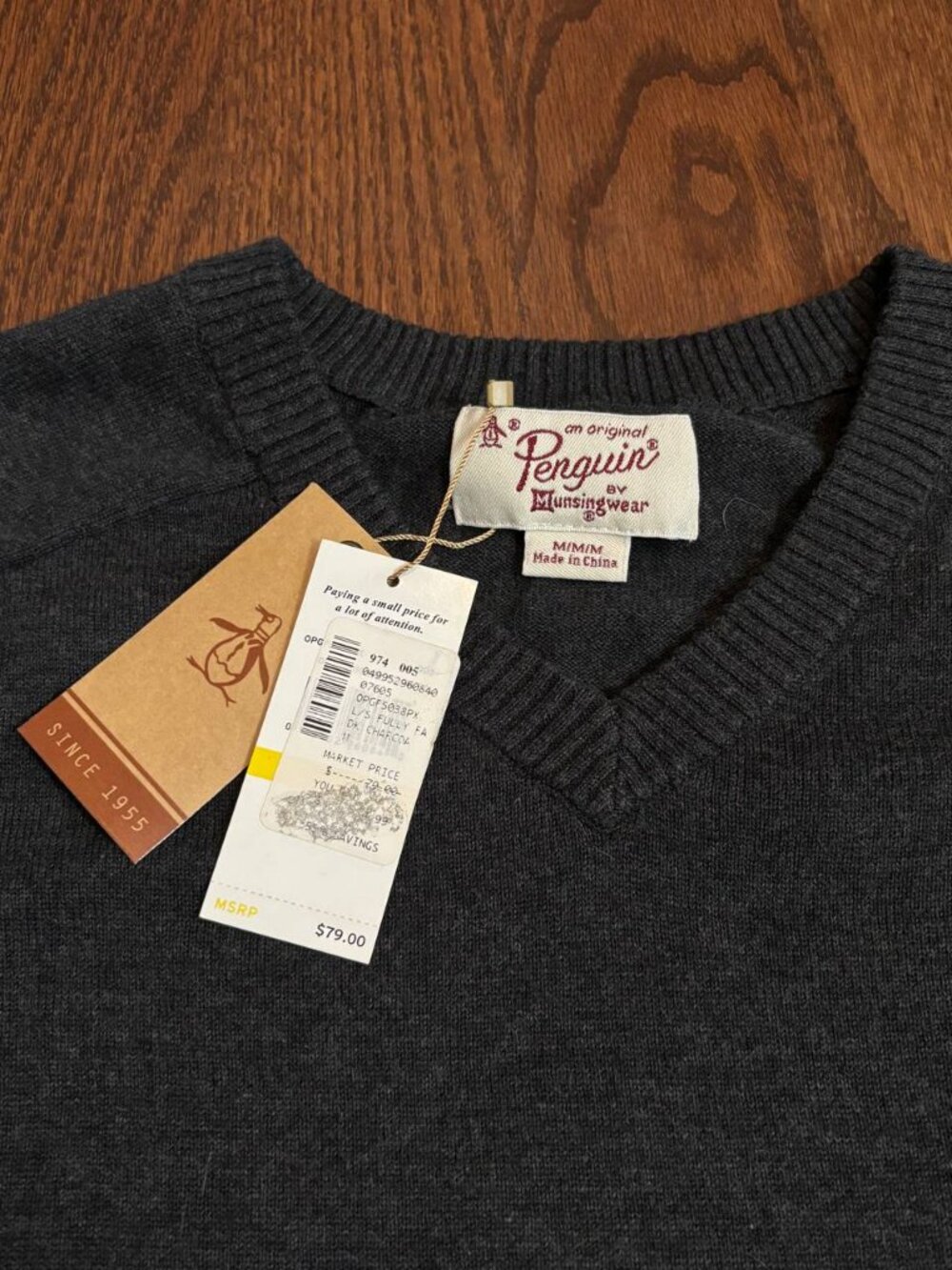 Original Penguin Mens Medium Charcoal V Neck Sweater 100% Cotton NWT
